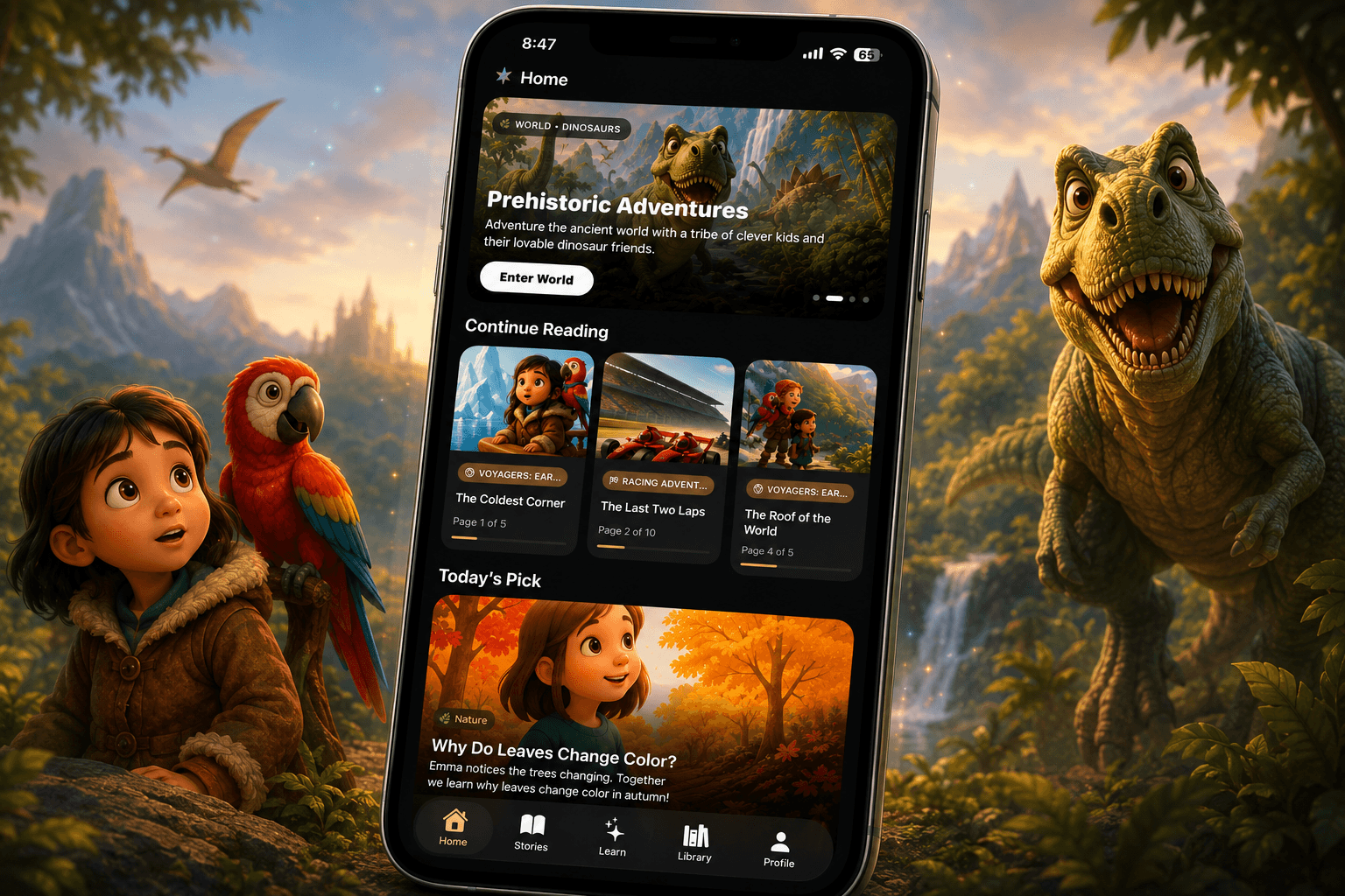 The Staris Kids Home screen: a Prehistoric Adventures world to enter, a Continue Reading row, and Today's Pick.
