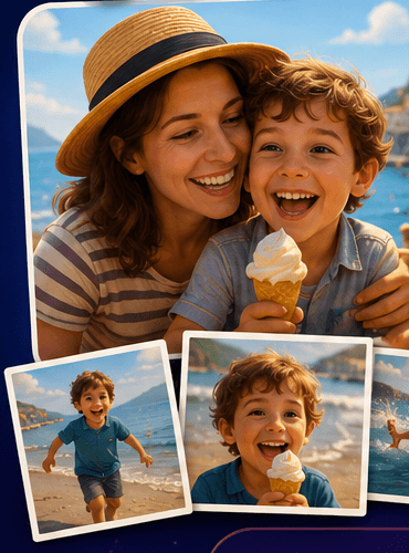 A family holiday photo and three snapshots from the same day, laid out like polaroids.