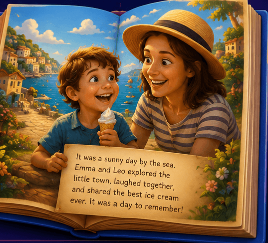 An open storybook showing the same family day drawn as an illustrated scene, with the story written underneath.